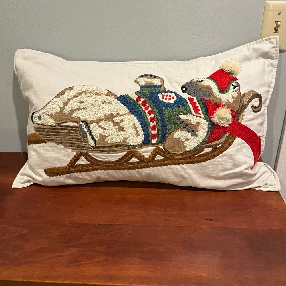 Pottery Barn Polar Bear In Christmas Sweater On Sleigh Lumbar Pillow 16in X 26in